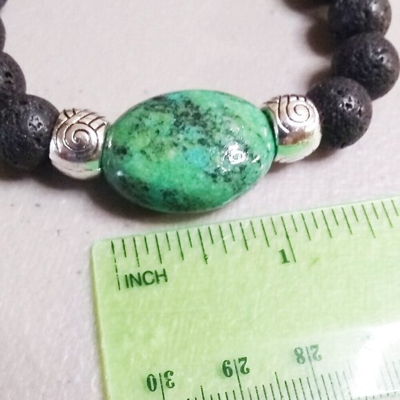 Chrysacolla & Black Lava Rock Bracelet! Thick, Solid & Chunky! Heavy Stone Beads - Picture 3 of 8
